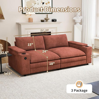 81.5" Loveseat Cloud Sofa Couch with Storage Armrest, Cup Holders, USB & Type-C Ports, Spring Cushions, Solid Wood Frame, Chenille Modular Sectional for Living Room