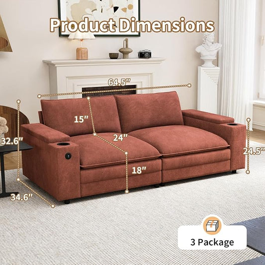 81.5" Loveseat Cloud Sofa Couch with Storage Armrest, Cup Holders, USB & Type-C Ports, Spring Cushions, Solid Wood Frame, Chenille Modular Sectional for Living Room