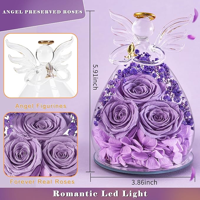 Beferr Valentines Day Rose Gifts for Her Women Mom Gifts for Birthday, Fresh Flowers for Delivery Prime Forever Preserved Rose in Glass Angel Figurine, for Grandma Wife Kids Daughter