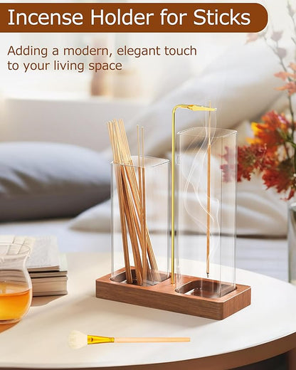 2 in 1 Incense Holder, Large Glass Incense Holder for Sticks, Upside Down Wooden Incense Burner with Ash Catcher & Incense Storage for Meditation Yoga Spa Home Decor, with 20 Incense Sticks & Brush