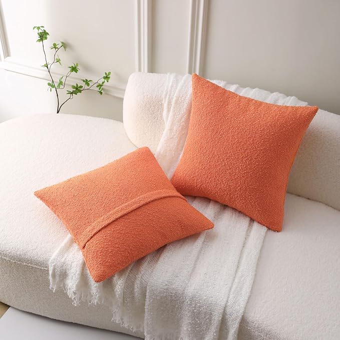 FUTEI Pack of 2 Orange Decorative Throw Pillow Covers 24x24 Inch Soft Cozy Solid Boucle Textured European Cushion Case,Modern Home Decor for Couch Bed Living Room