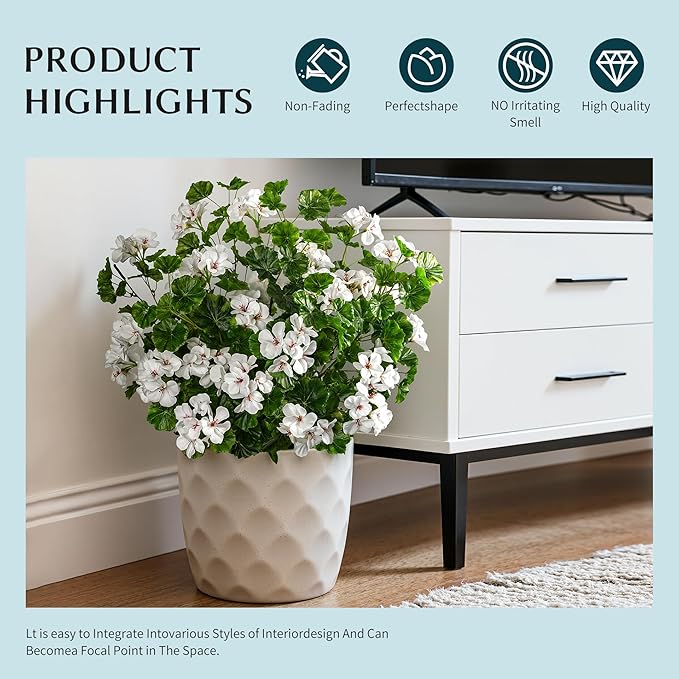 Artificial Flowers for Outdoors 8PCS Artificial Geraniums for Indoor Fake Flowers 17.7In Uv Resistant Artificial Outdoor Flowers Suitable for Indoor Home Decor Outdoor Garden Decor (White)