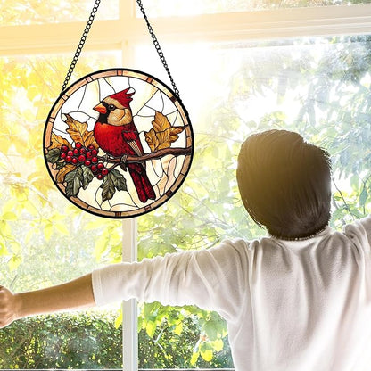 DASTOLL Stained Glass Window Hanging, Birds on a Branch Cardinal Sun Catchers Diamond Glass Panel Hangings Suncatcher Decor for Birthday for Women, Men, Wife, Aunt, and Mom 9.8X9.8IN