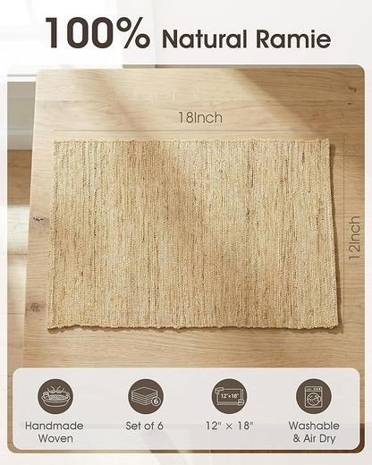 Handmade Ramie Placemats Set of 6, 12"x18" Eco-Friendly Natural Woven Table Mats for Dining Table, Heat-Resistant & Washable Natural Fiber Placemats for Kitchen, Farmhouse, Boho & Home Decor