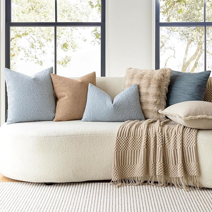 Foindtower Modern Textured Boucle Throw Pillow Covers Accent Solid Decorative Pillow Cases Cozy Woven Couch Cushion Case for Chair Sofa Bed Living Room Home Decor, 22 x 22 Inch, 1PC, Light Blue