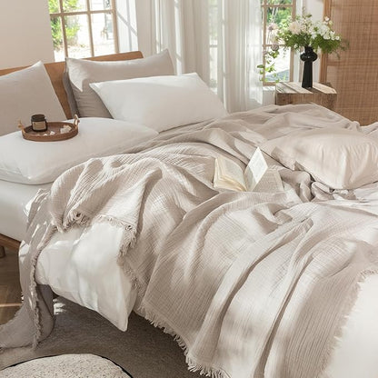 MooMee Muslin Blanket - 100% Cotton 4-Layer Gauze Throw Blanket with All-Around Fringe, Ultra-Soft Breathable Lightweight Cooling Decorative for Bed, Sofa & Couch (Cream Grey, Queen 90" x 90")