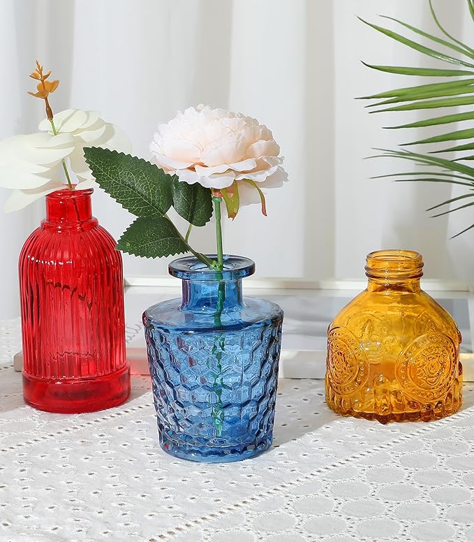 Set of 30 Colorful Glass Bud Vases - Small Textured Flower Vases for Centerpieces, Wedding Table Decor, Retro Home Decor Bulk Vase Set for DIY, Events & Gifts