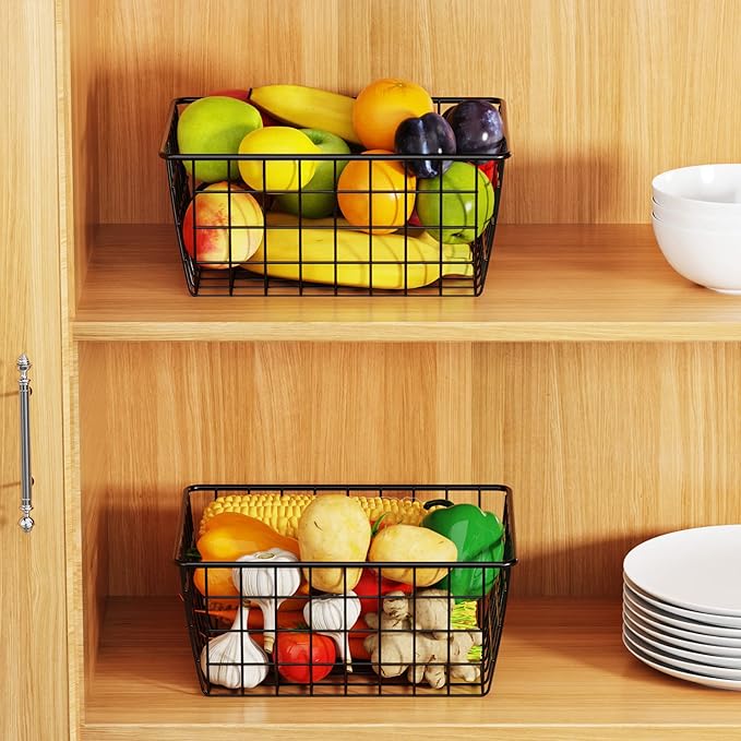 iSPECLE Wire Baskets, 6 Pack Small Pantry Organizers Wire Storage Baskets with Handles, Sorting Storage Easy Access Durable Wire Basket for Pantry, Black