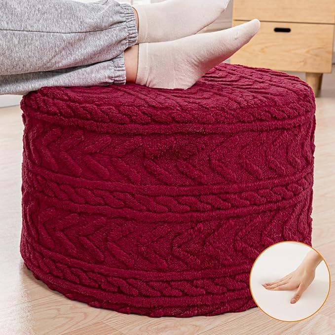 Boucle Pouf Ottoman and Foot Rest 20 x 20 x 14 Inches Floor Pouf Foot Stool Home Decor for Couch Sofa Bean Bag Chairs Red Wine