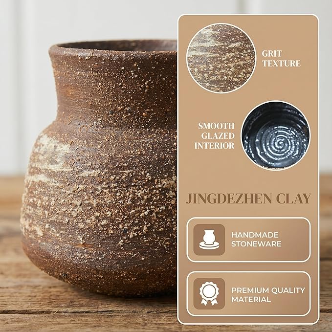 5.8IN Rustic Farmhouse Ceramic Vase Home Decor, Handmade Vintage Stoneware Clay Pottery Terracotta Textured for Modern Farmhouse, Living Room, Office Desk Table Shelf (Brown)