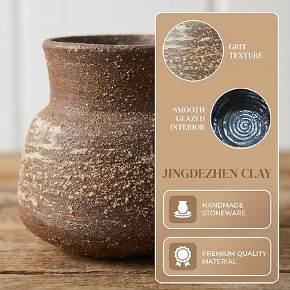 5.8IN Rustic Farmhouse Ceramic Vase Home Decor, Handmade Vintage Stoneware Clay Pottery Terracotta Textured for Modern Farmhouse, Living Room, Office Desk Table Shelf (Brown)