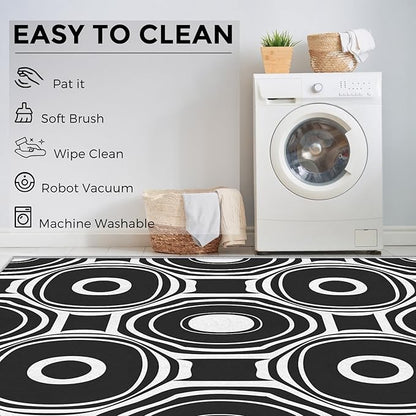 Black and White Geometric Rugs for Home Decor, 5x6 ft, Ring Circle Area Rugs for Living Room, Soft Non Slip Washable Modern Abstract Carpet Bedroom Decorations Dt-Ghf-31