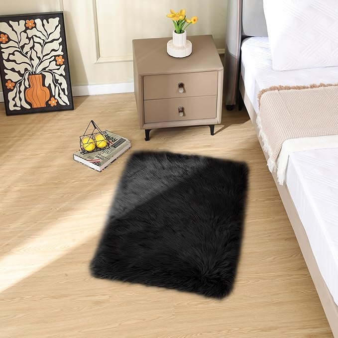 Black Faux Sheepskin Washable Fluffy Fur Area Rugs for Bedroom Small Fuzzy Carpet for Living Room 2x3 Boho Nursery Rug