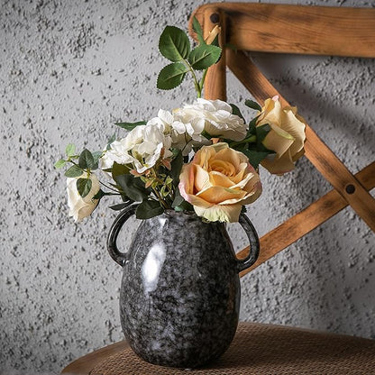 Ceramic Modern Farmhouse Vase with 2 Handles, Black Ceramic Vases for Home Decor, Rustic Pottery Vase, Decorative Terracotta Flower Vases, Clay Jug for Table Living Room Shelf Mantel Decor