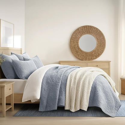 EVERGRACE 100% Cotton Paisley Quilt Set, King Size 3 Piece Set – Prewashed Lightweight Bedspread with 2 Shams, Soft & Breathable Matelasse Coverlet for All-Season Comfort, Pearl Blue