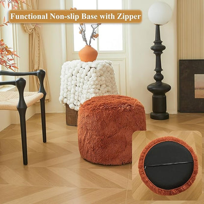 XeGe Fluffy Faux Fur Inflatable Pouf Ottoman, Soft Fuzzy Foot Stool, Plush Furry Foot Rest Floor Pouf Anti-Slip for Kids Girls Adult, Cute Foldable Round Ottoman Cushion Living Room, Burnt Orange