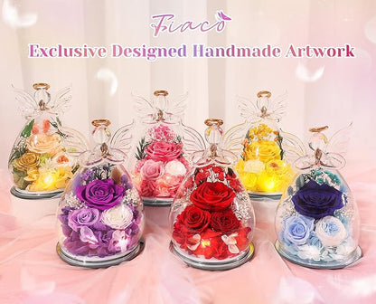 Gifts for Women Preserved Rose Forever Flower in Glass Angel Figurines Fresh Flowers for Delivery Prime Mothers Day Birthday Gifts for Mom Real Yellow Roses for Grandma Sister Wife Her from Daughter