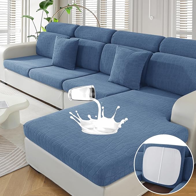 MAXIJIN Waterproof 4 Pieces Couch Cushion Covers for Sectional Sofa Seat Slipcover Stretch Sectional Couch Cover for L Shape Left/Right Chaise with Elastic Bottom (3 Seater + 1 Chaise, Dusty Blue)