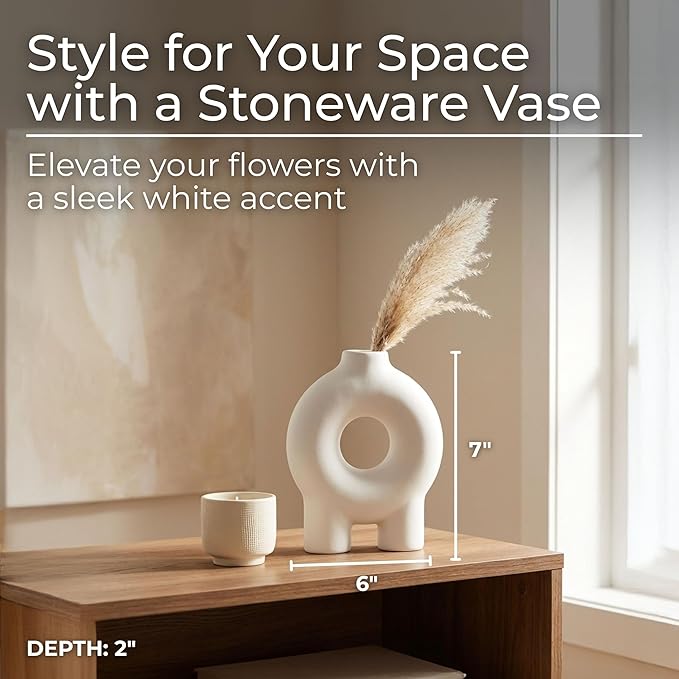 Decorative Flower Vase for Home Decor – Ceramic Modern Flower Vase With Donut Footed Design, Stylish Table Centerpiece for Living Room or Entry Display, Modern for Faux Flowers – 7", White