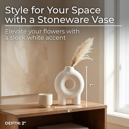 Decorative Flower Vase for Home Decor – Ceramic Modern Flower Vase With Donut Footed Design, Stylish Table Centerpiece for Living Room or Entry Display, Modern for Faux Flowers – 7", White