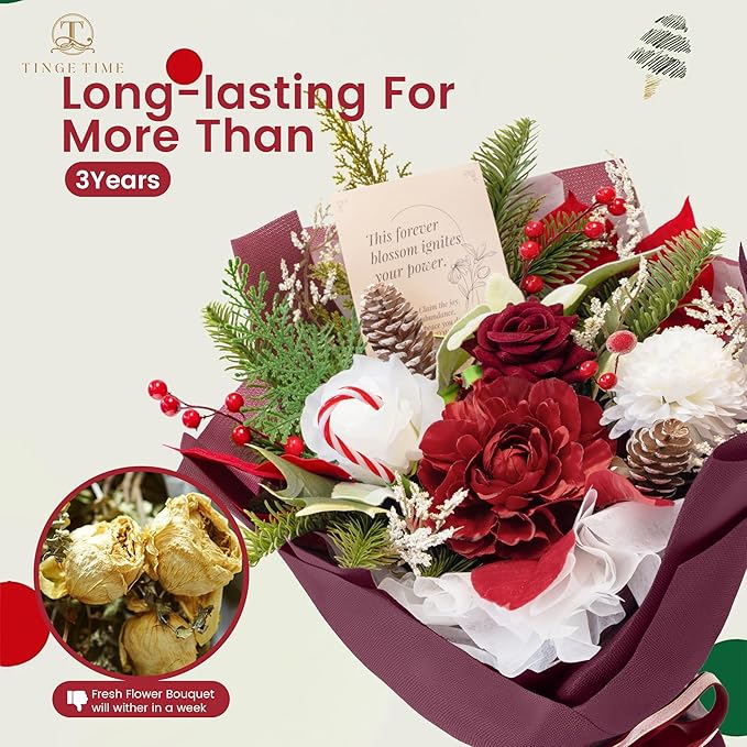 TINGE TIME Preserved Flowers Bouquet, New Year Faux Rose Bouquets, Artificial Flowers Poinsettia Faux Flowers, for Christmas Centerpiece Table Home Holiday Party