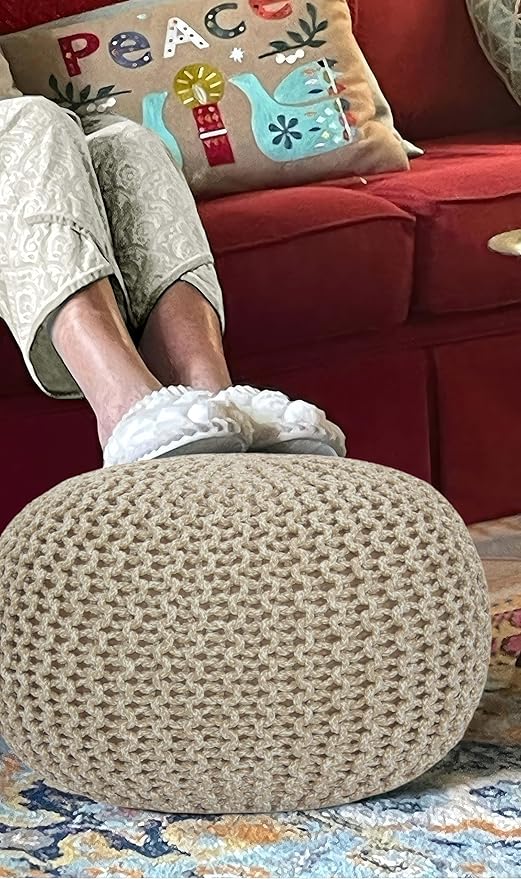 COTTON CRAFT Round Pouf - Hand Knitted Tweed Cable Dori Pouf - Cotton Braid Cord Foot Stool Footrest Ottoman Accent Seat Furniture Bean Bag - Family Room Kids Nursery Dorm - 20x14 - Natural