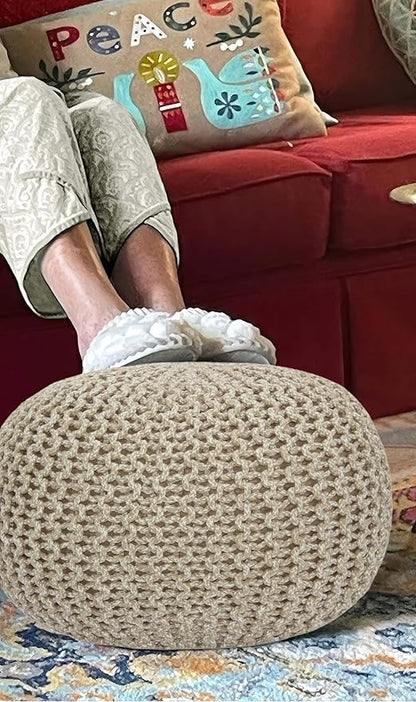 COTTON CRAFT Round Pouf - Hand Knitted Tweed Cable Dori Pouf - Cotton Braid Cord Foot Stool Footrest Ottoman Accent Seat Furniture Bean Bag - Family Room Kids Nursery Dorm - 20x14 - Natural