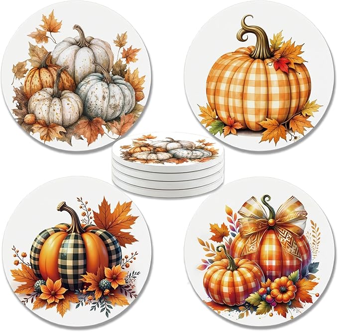 zcyhtqp, Funny Absorbent Round Ceramic Stone Coasters Set of 4 with Cork Base, Fall Pumpkins Ceramic Coasters, Gifts for Home, Kitchen, Bar, Coffee Table, Office Table Décor