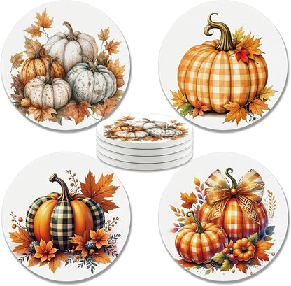 zcyhtqp, Funny Absorbent Round Ceramic Stone Coasters Set of 4 with Cork Base, Fall Pumpkins Ceramic Coasters, Gifts for Home, Kitchen, Bar, Coffee Table, Office Table Décor