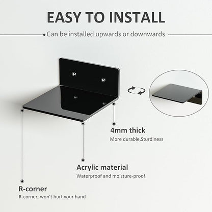 6 Inches Small Black Wall Shelves, Moisture-Proof, Space Saver, Wall Mounted Display Shelf Rack for Bedroom, Living Room, Kitchen, Dining Room, Bathroom, 4 Pack
