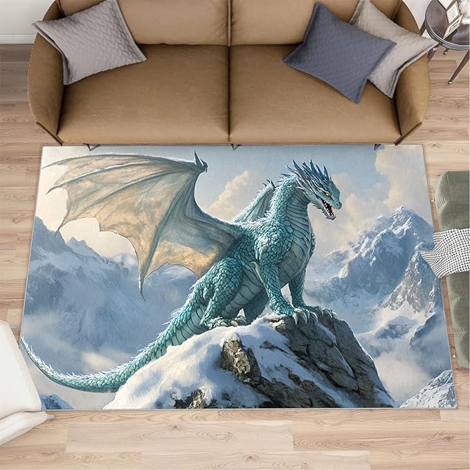 Dragon Area Rug 2x3 Washable Rug Fantasy Animals Rugs for Living Room Winter Landscape Non Slip Carpet Floral Print Mat Bedroom Bathroom