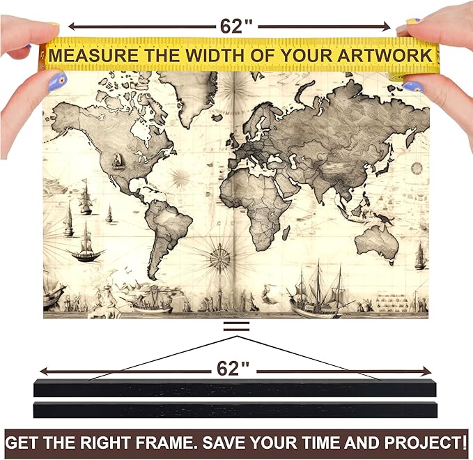 DACRI HOME 62" Magnetic Poster Hanger Frame - Sturdy Teak Wood Poster Frame, Strong Magnets for Safe Hanging Map Picture Print Scroll Wall Art 62x24 62x36 62x42 (62 Inch, Black)