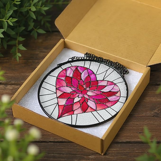 Stained Glass Window Hanging - 8 Inch Valentine Sun Catcher, Suncatcher Window Decor | Anniversary, Birthday, Christmas, Mother's Day, Valentine’s Day Gifts for Couple, Lover, Mom, Wife, Girlfriend