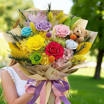 HUACHIPLUS Preserved Bouquet with Bear: Big Flowers Big Love-Romantic Gifts for Her Wife Girlfriend Mom-Flowers for Delivery Prime on Christmas Valentines Day Anniversary Mothers Day (dopamine1)