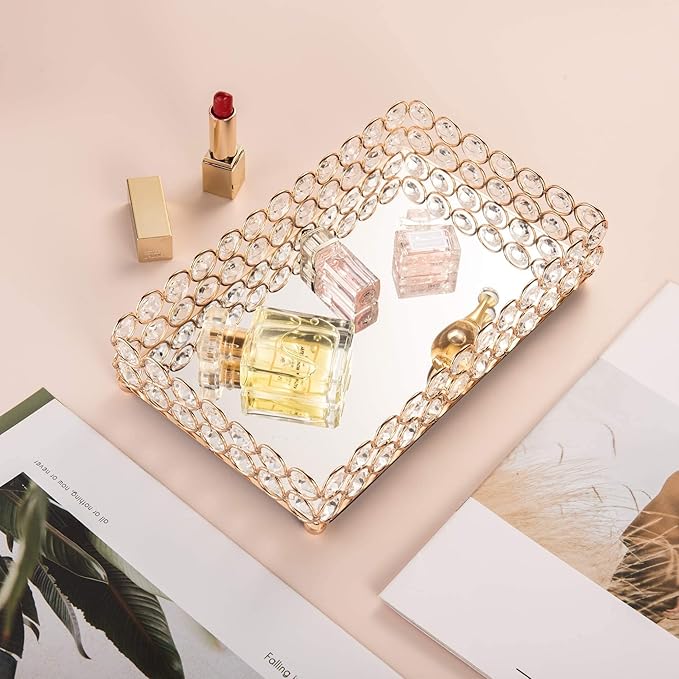 Feyarl 10 Inch Crystal Cosmetic Perfume Tray Vanity Makeup Jewelry Trinket Organizer Mirrored Decorative Tray Storage Home Deco Wedding Dresser Birthday Gift (Gold)