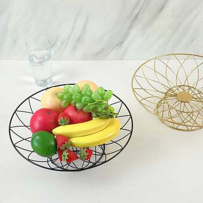 Large Metal Wire Fruit Bowl, Round Mesh Fruit Basket for Kitchen Countertop, Modern Decorative Bread Vegetable Storage Holder Organizer(Black)