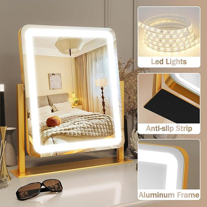 ROLOVE Gold Vanity Mirror with Lights, 15"x13" Lighted Makeup Mirror with Smart Touch, 3-Color Dimmable Lighting, 360° Rotation, Tabletop Mirror for Desk or Bedroom