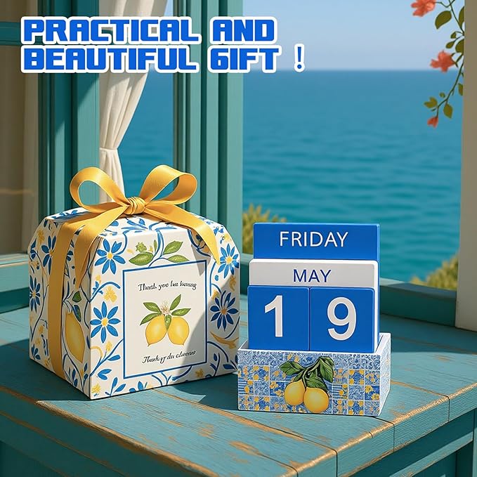 Tile Lemon Wood Block Perpetual Calendar Coquettish Desk Decor Blue Mediterranean Amalfi Coast Decor Cute Month Week Date Display Decorative Block Calendar for Office Home Desk Gift for Women