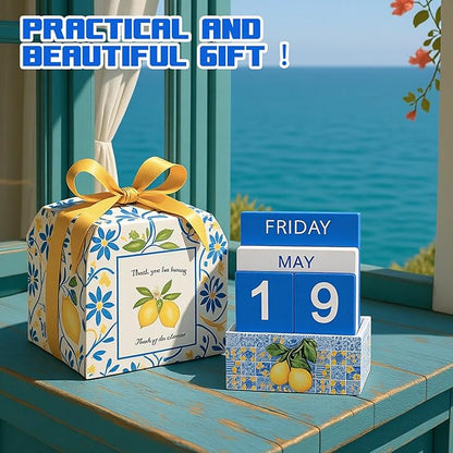 Tile Lemon Wood Block Perpetual Calendar Coquettish Desk Decor Blue Mediterranean Amalfi Coast Decor Cute Month Week Date Display Decorative Block Calendar for Office Home Desk Gift for Women