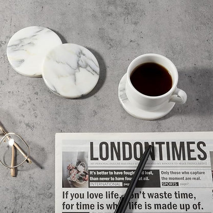 Koville Marble Coaster Set of 4, Round Coasters, 4" Stone Coaster for Drinks Coffee, Marble Coasters for Coffee Table Home Bar Decor, Heat Resistant, Gift Choice(Arabescato)