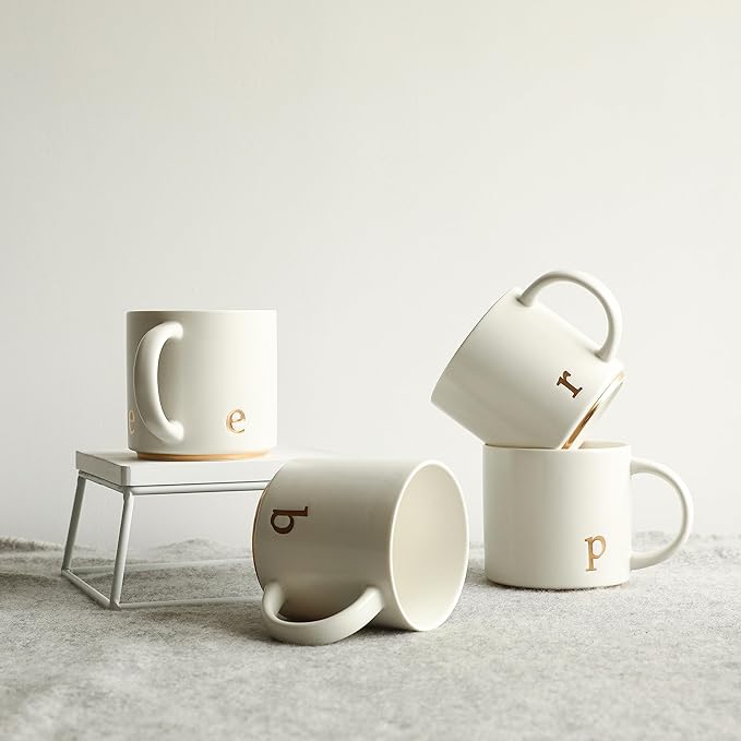 COLLECTIVE HOME - Monogram Ceramic Mugs, 15 oz Golden Initial Coffee Cups, Elegant Alphabet Tea Mugs, Elegant Personalized Mug with Gift Box, Luxurious Cups for Office and Home (e)