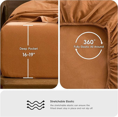 MooMee Bedding Sheet Set 100% Washed Cotton Linen Like Textured Breathable Durable Soft Comfy (Solid Burnt Orange, Twin)