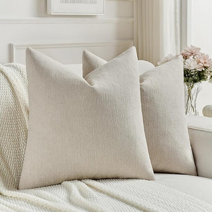 FUTEI Beige Chenille Decorative Throw Pillow Covers 24x24 Inch Set of 2,Soft Cozy Faux Linen Textured European Pillow Shams,Farmhouse Home Decor for Couch Living Room