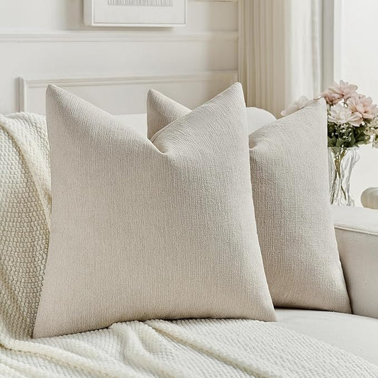 FUTEI Beige Chenille Decorative Throw Pillow Covers 26x26 Inch Set of 2,Soft Cozy Faux Linen Textured Euro Pillow Shams,Farmhouse Home Decor for Couch Living Room