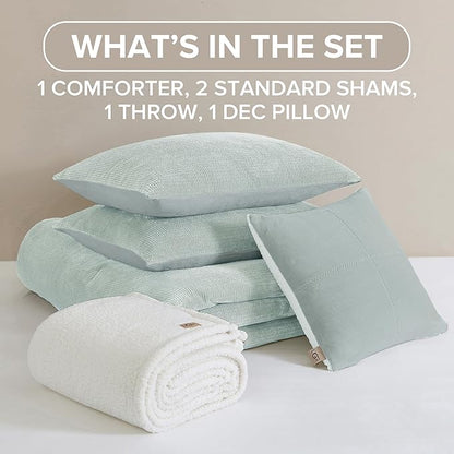 UGG Remina Comforter Set 5 Piece Bed in a Bag with Throw Blanket, Decorative Pillow, Shams, and Reversible Comforter Hypoallergenic Washable Luxury Fluffy Bedding, Full/Queen, Blue Green Clear Creek
