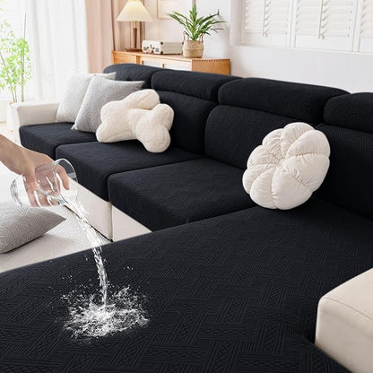 hyha Waterproof Couch Cushion Covers, Waterproof Sectional Couch Covers for 3 Cushion Sofa for Pets, Stretch Sofa Slipcover Washable with Elastic Bottom(Large, Black)