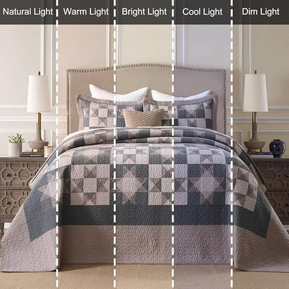 EWlinens 100% Cotton 120"x102" Oversized Queen Bedspread - Rustic Cabin Star Patchwork Plaid Extra Large Quilts Bedding Set, Farmhouse Oversized Queen Quilt Bed Spread, 3pcs, Brown/Charcoal Gray