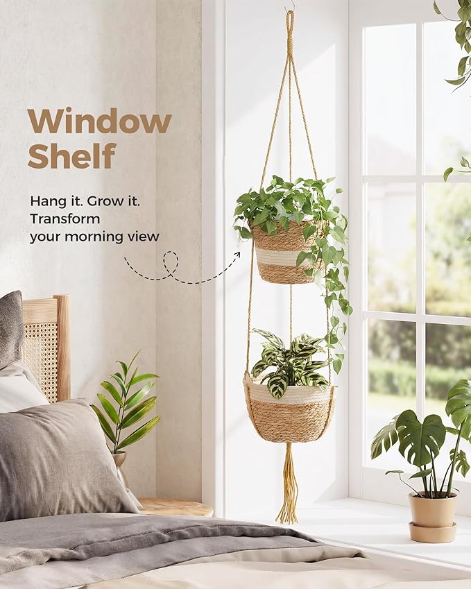 Leaf&lull Macrame Plant Hanger 2-Tier Window Plant Shelf for Indoor Outdoor Plants Rattan Wall Hanging Decorative Hanging Planters for Boho Decor, Wall Decor and Home Decor