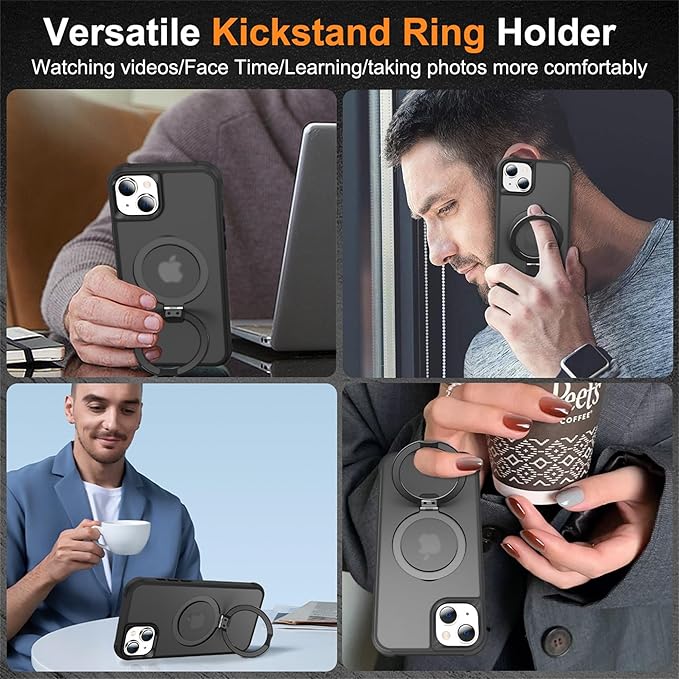 Compatible with iPhone 15 Case with Invisible Magnetic O-Ring Stand Military-Grade Translucent Case for iPhone 15 6.1" [Compatible with Mag-Safe][Great Grip Feeling], Black