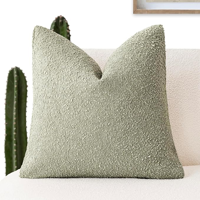 Foindtower Decorative Textured Boucle Throw Pillow Covers Accent Solid Pillow Cases Neutral Soft Cozy Couch Cushion Case for Chair Sofa Bedroom Living Room Home Decor 24x24 Inch,1PC,Dirty Sage Green